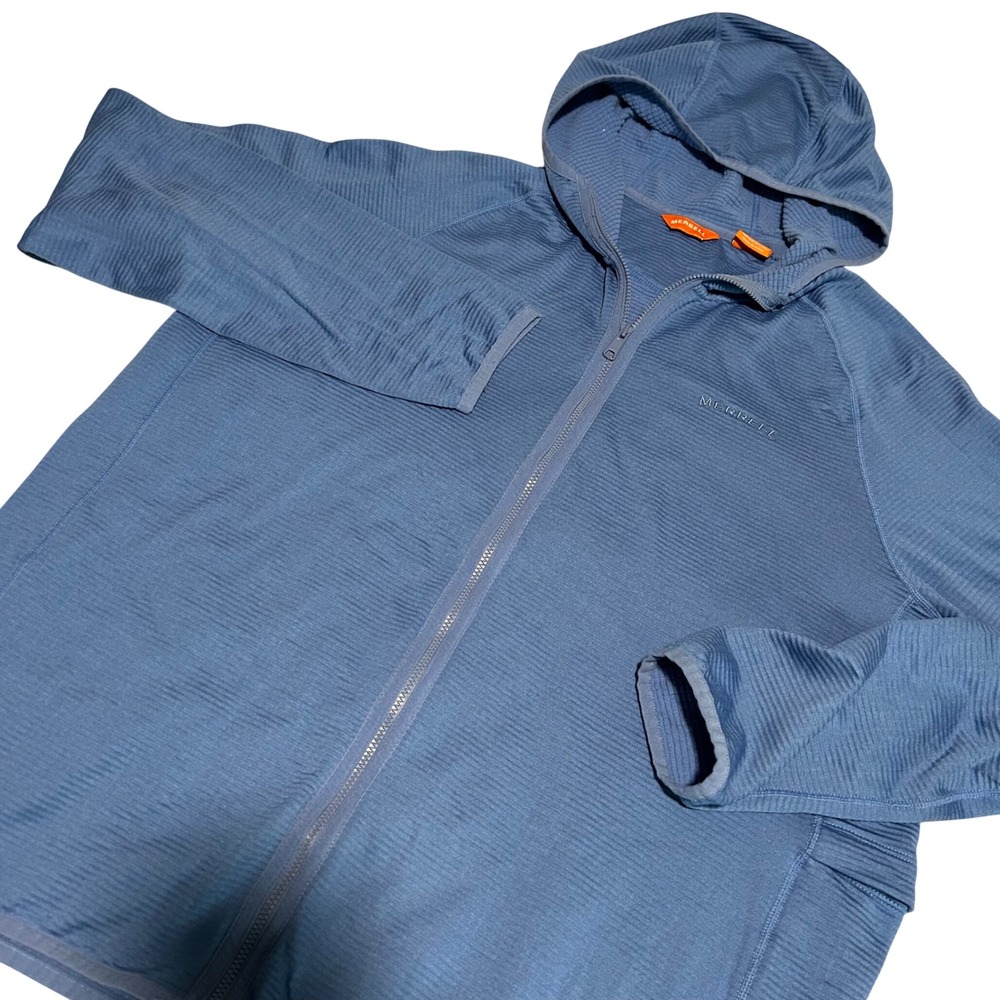 Merrell Full Zip Hoodie Mens Medium Blue Waffle Grid Fleece Jacket Outdoor